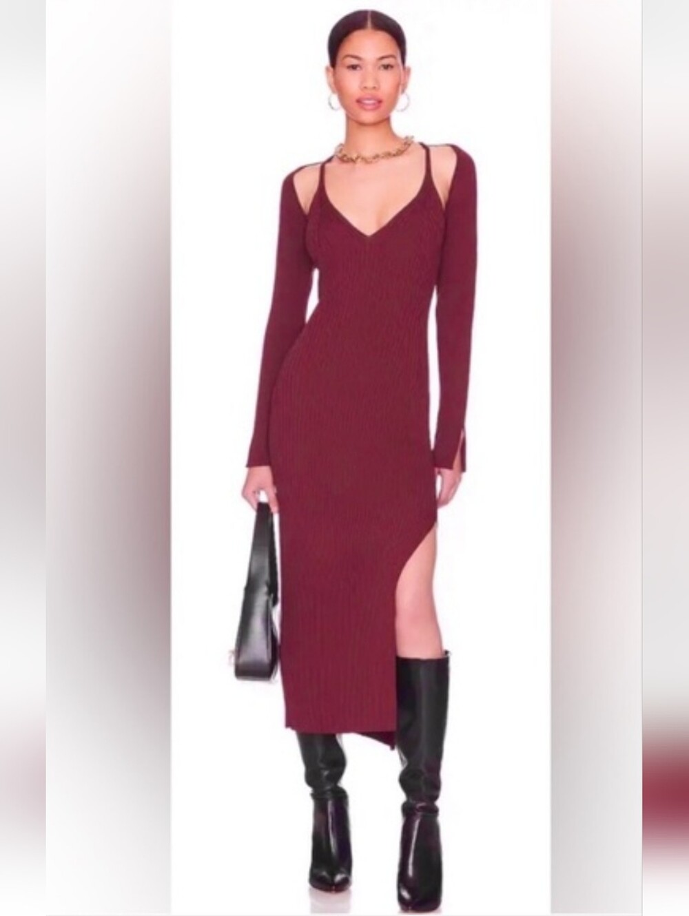 House of Harlow 1960 Burgundy Cold-Shoulder Ribbed Maxi Dress with Side Slit